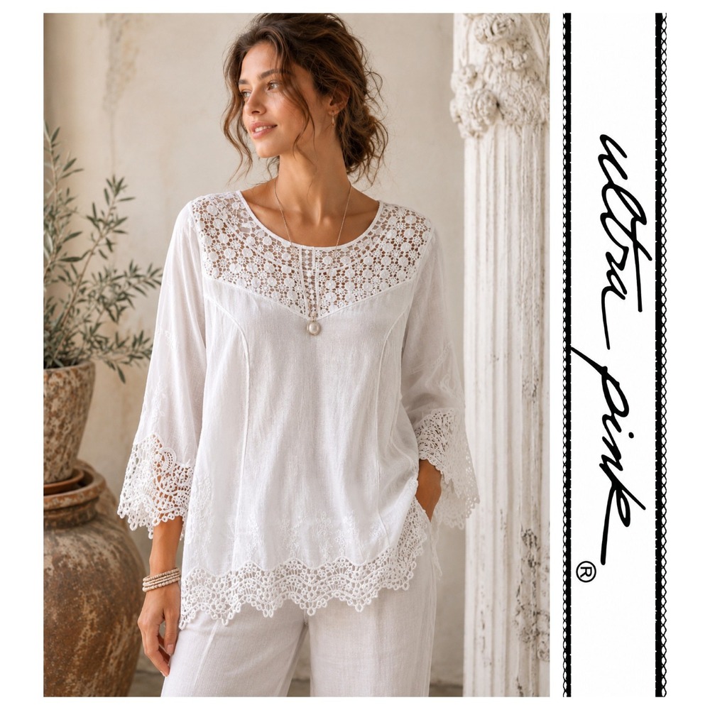 Ultra Pink Crochet White Romantic Boho Beach Cottagecore Cotton Tunic Top 1X NWT